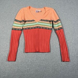 Z Universe Y2K Womens Peach Coral Fair Isle V-Neck Ribbed Knit Sweater Small